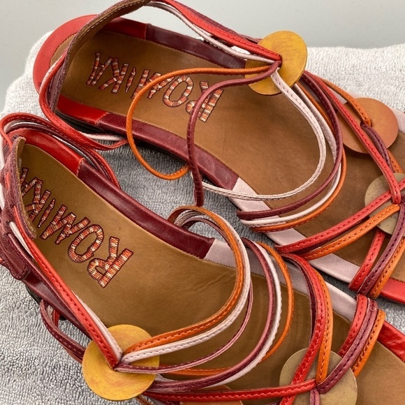 Romika Sandals Women's Size 39 USA 8.5 Leather Slip On Tan Burgundy Orange Pink - Picture 3 of 16